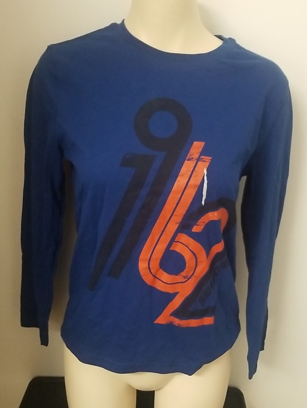 Blue Long-Sleeve Graphic Tee with Orange Accent